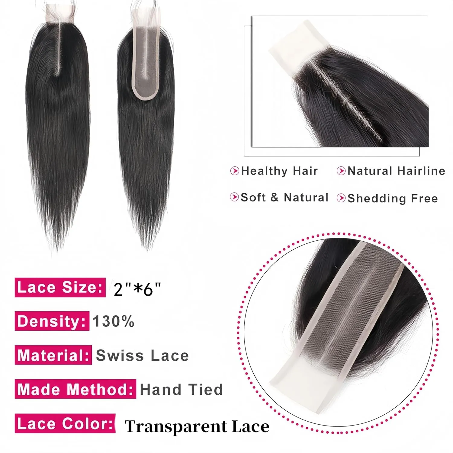 Brazilian 2x6 Lace Closure Kim K Closure Straight Brazilian Human Hair Lace Closure Remy Hair Deep Middle Part Closure(12 inch)