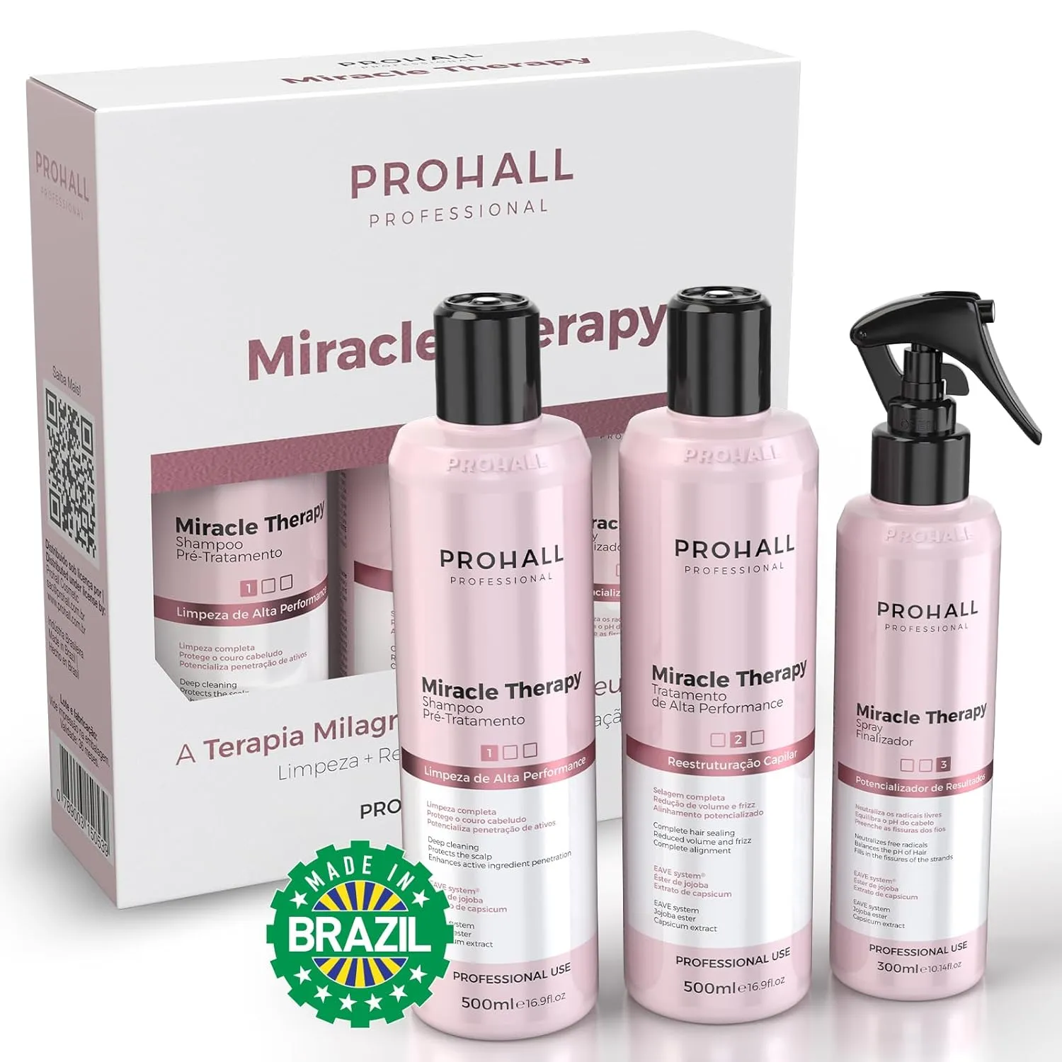 Brazilian Keratin Hair Treatment Blowout Complex- Prohall Miracle Therapy Kit 44Floz/ 1300ml- Formaldehyde Free Keratin Treatment at Home -Queratina Brasileña Keratina Para Alisar el Pelo Sin Formol