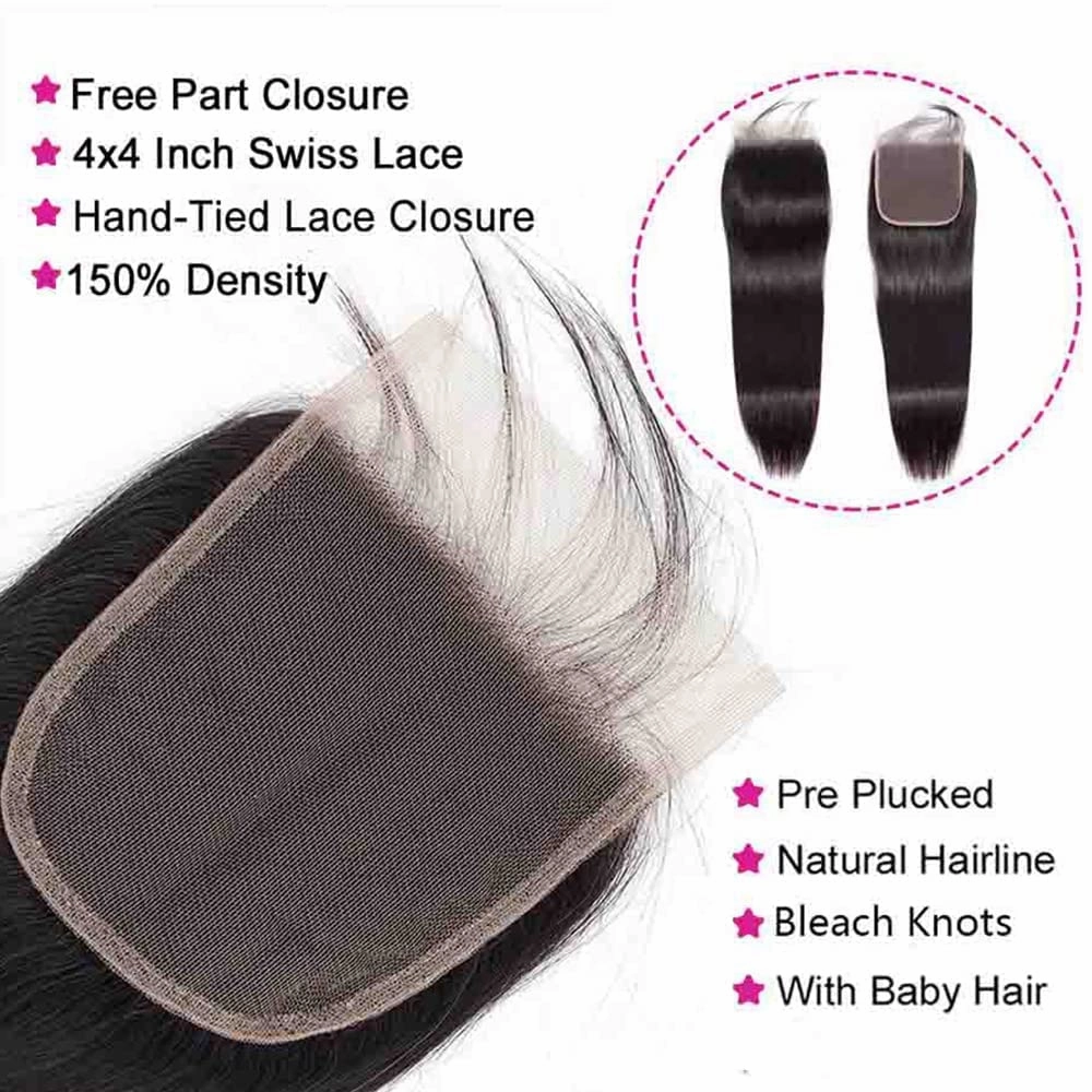Brazilian Straight Human Hair 3 Bundles with Closure 14 16 18 20 14 Inch Straight Bundles with Closure 100% Unprocessed Straight Virgin Hair Weave Bundles Human Hair with 4X4 Lace Free Part Closure