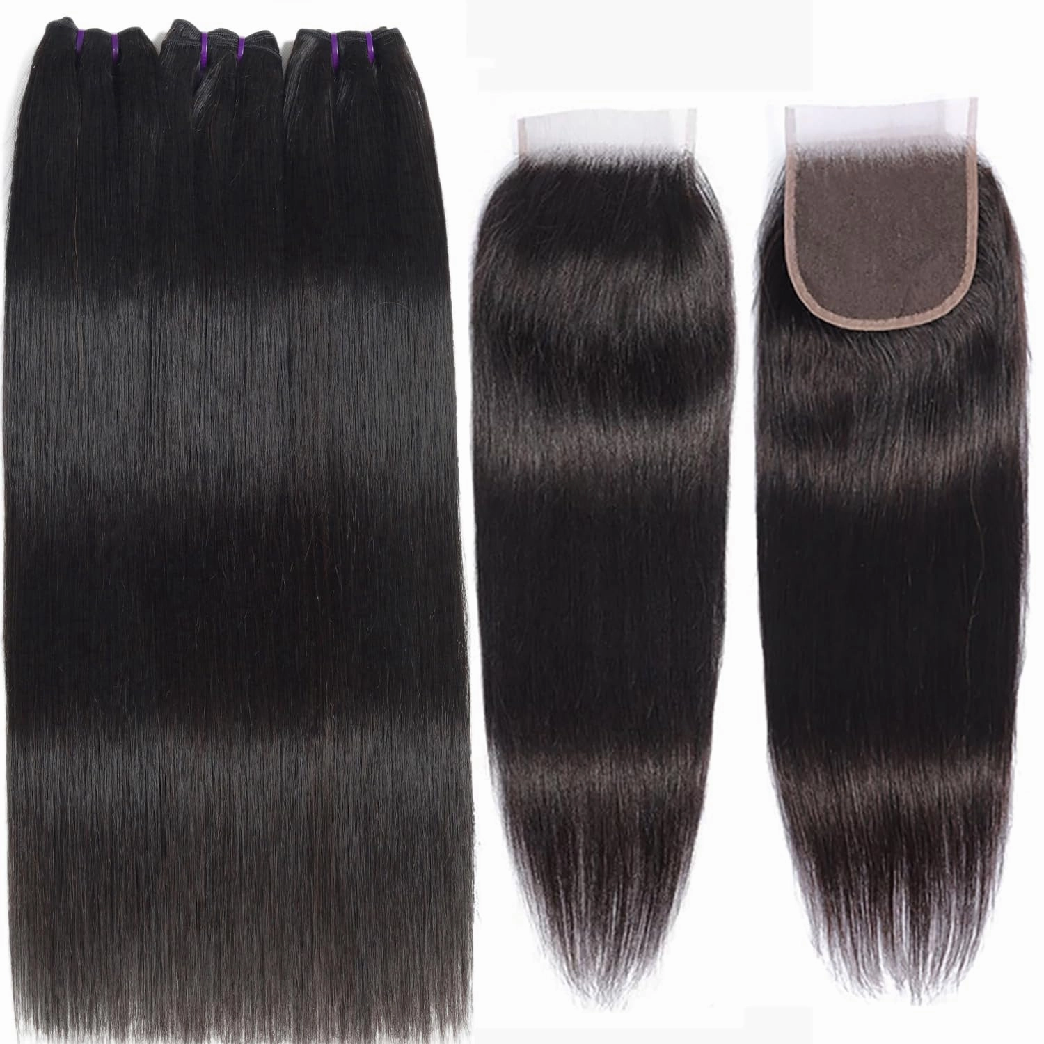 Brazilian Straight Human Hair 3 Bundles with Closure 14 16 18 20 14 Inch Straight Bundles with Closure 100% Unprocessed Straight Virgin Hair Weave Bundles Human Hair with 4X4 Lace Free Part Closure