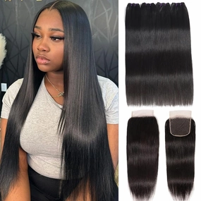 Brazilian Straight Human Hair 3 Bundles with Closure 14 16 18 20 14 Inch Straight Bundles with Closure 100% Unprocessed Straight Virgin Hair Weave Bundles Human Hair with 4X4 Lace Free Part Closure