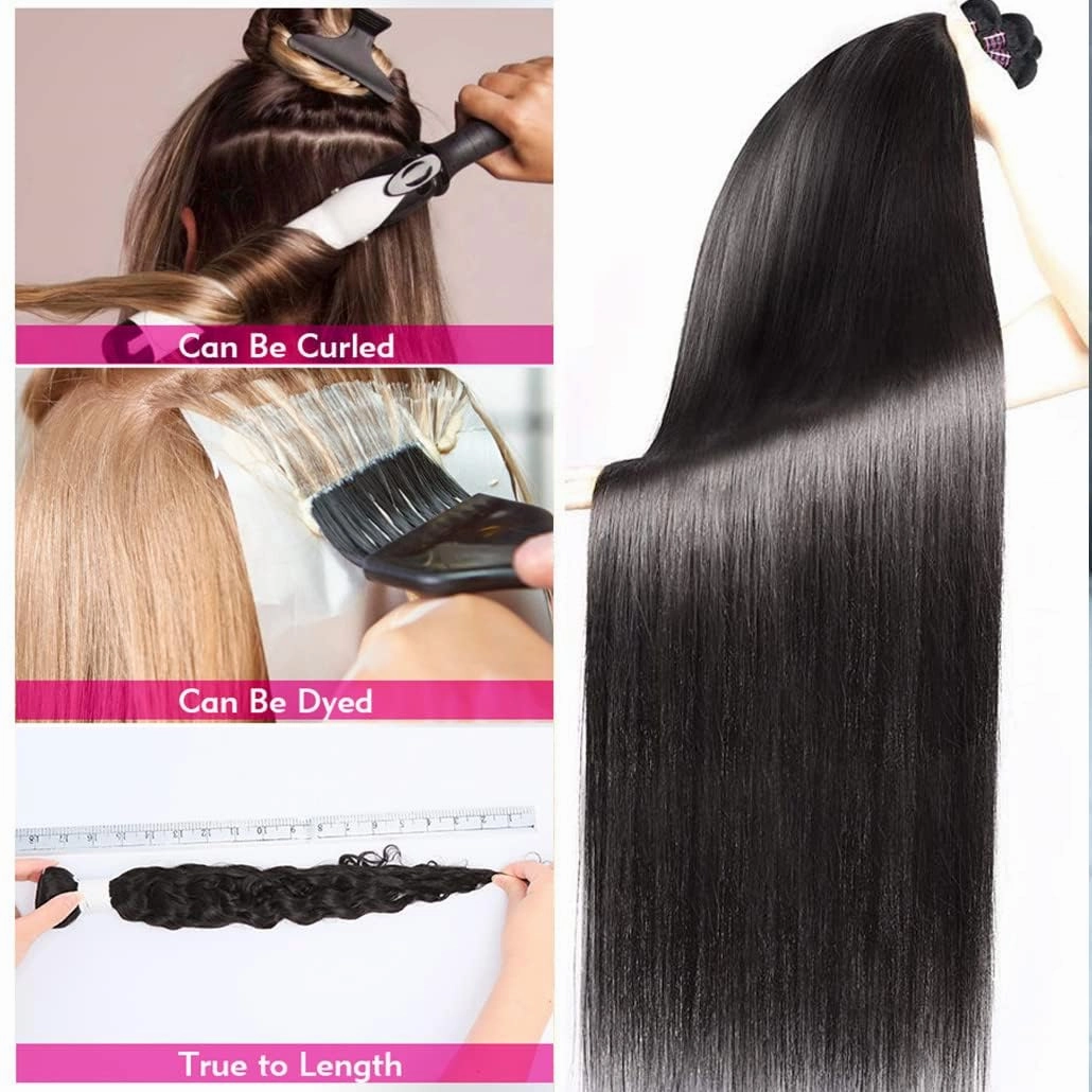 Brazilian Straight Human Hair 3 Bundles with Closure 14 16 18 20 14 Inch Straight Bundles with Closure 100% Unprocessed Straight Virgin Hair Weave Bundles Human Hair with 4X4 Lace Free Part Closure