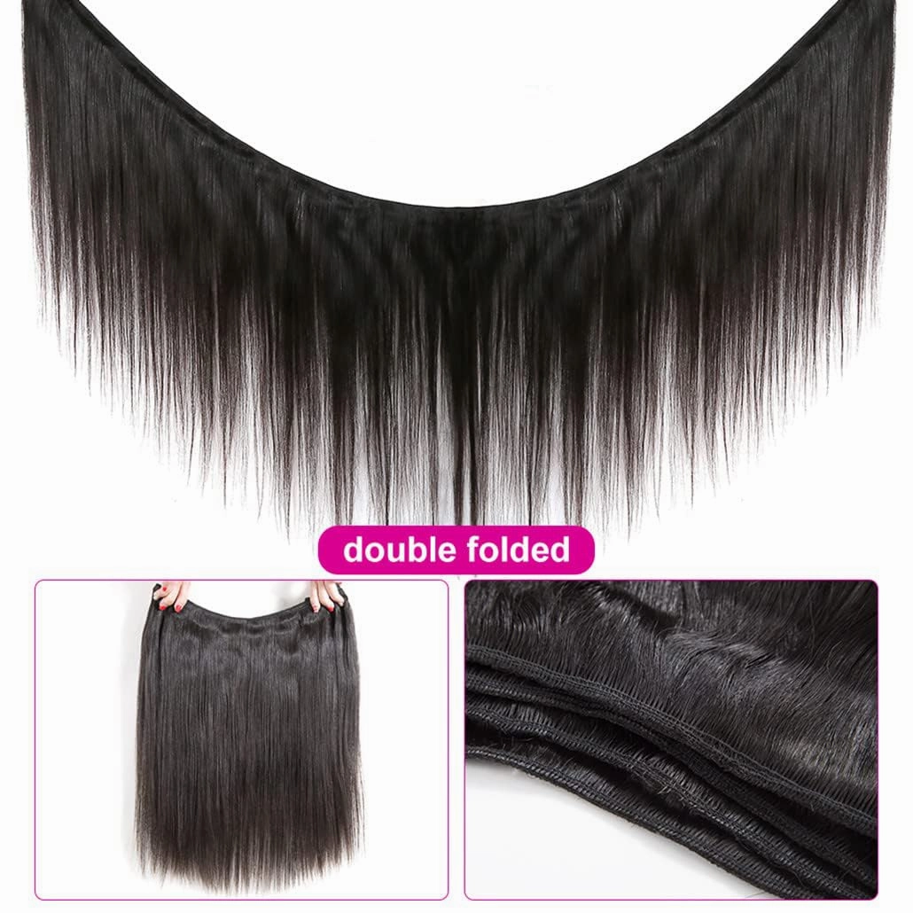 Brazilian Straight Human Hair 3 Bundles with Closure 14 16 18 20 14 Inch Straight Bundles with Closure 100% Unprocessed Straight Virgin Hair Weave Bundles Human Hair with 4X4 Lace Free Part Closure