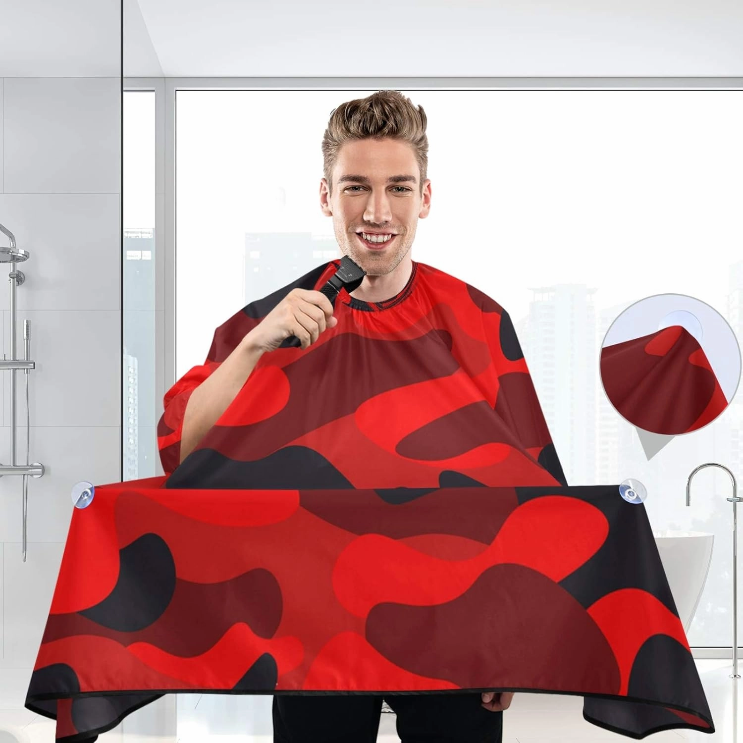 Bright Red Camouflage Barber Cape for Men Hair Cutting - Waterproof Salon Hairdressing Cape, 65" x 55"