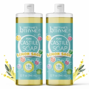 Brittanie’s Pure Castile Liquid Soap Refill, Lemon Sage, 32 Ounce Pack of 2 | Dish Soap, Hair & Body, Home, Gentle and Pure, Made with Natural Luxurious Oils, Vegan & Gluten Free Non-GMO
