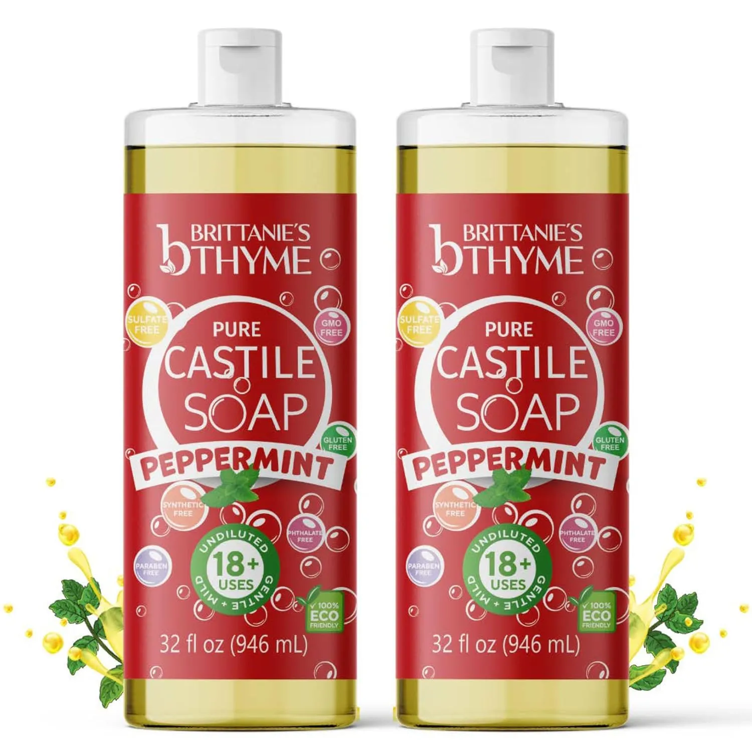 Brittanie's Pure Castile Liquid Soap Peppermint – 2 Pack (32oz Each) | Natural, Organic, Multi-Purpose Soap for Body, Face, Home & Pets | Vegan, Sulfate-Free, Made in USA