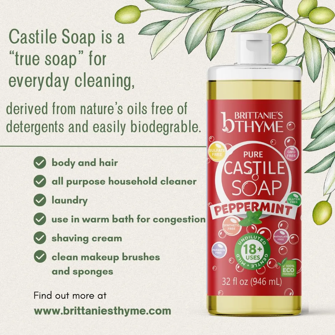 Brittanie's Pure Castile Liquid Soap Peppermint – 2 Pack (32oz Each) | Natural, Organic, Multi-Purpose Soap for Body, Face, Home & Pets | Vegan, Sulfate-Free, Made in USA