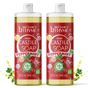 Brittanie's Pure Castile Liquid Soap Peppermint – 2 Pack (32oz Each) | Natural, Organic, Multi-Purpose Soap for Body, Face, Home & Pets | Vegan, Sulfate-Free, Made in USA