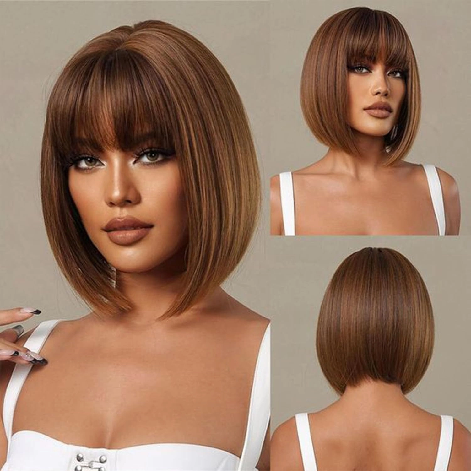 Brown Bob Wig With Bangs 12 Inch Mix Brown Wig Short Synthetic Fiber Bob Wigs for Women Short Bob Wigs and Halloween Cosplay Bob Wig With One Cap (Mix Brown)