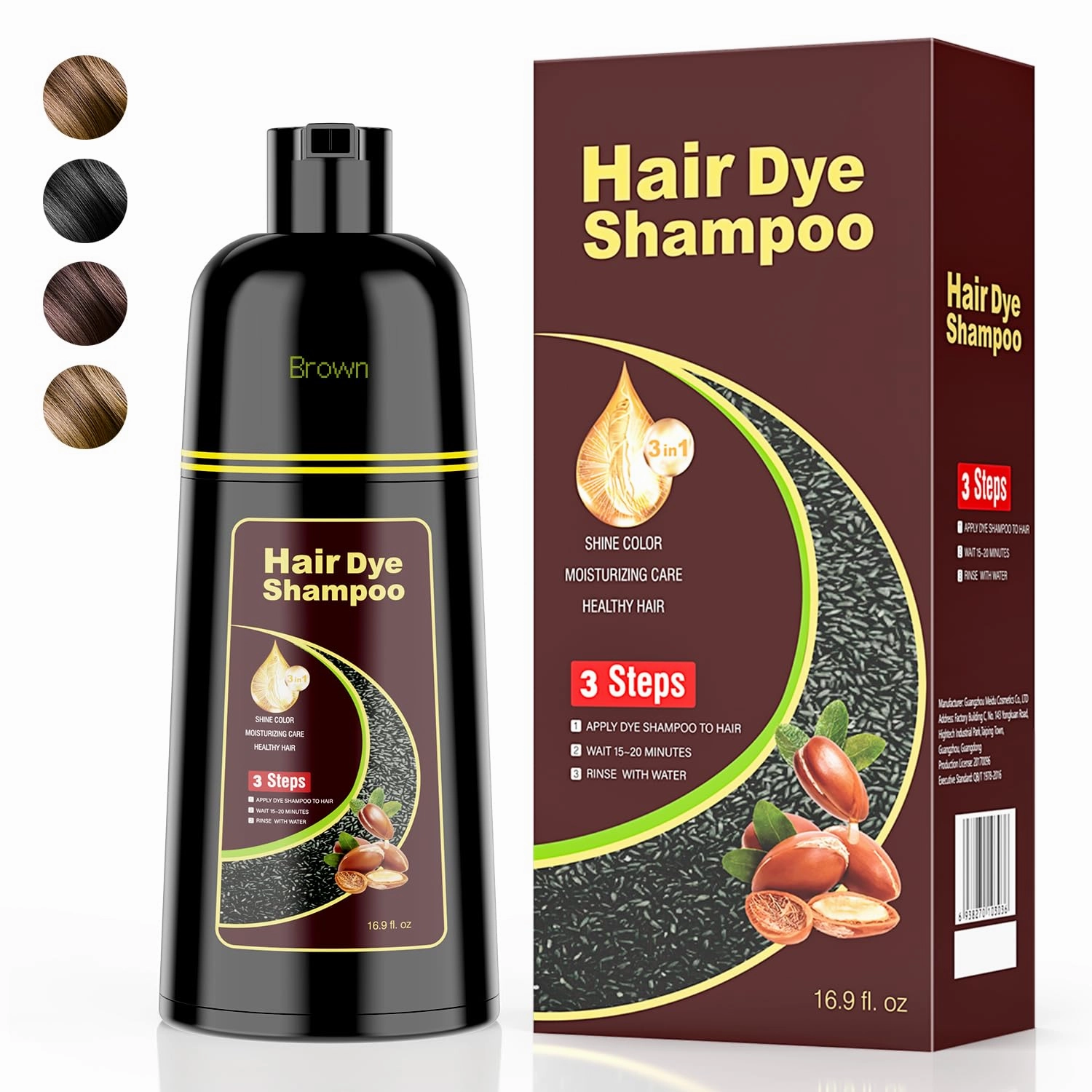 Brown Hair Dye Shampoo 3 in 1，Argan Natural Herbal Hair Color Shampoo Covers Gray Hair for Women and Men (16.9 fl.oz Brown)