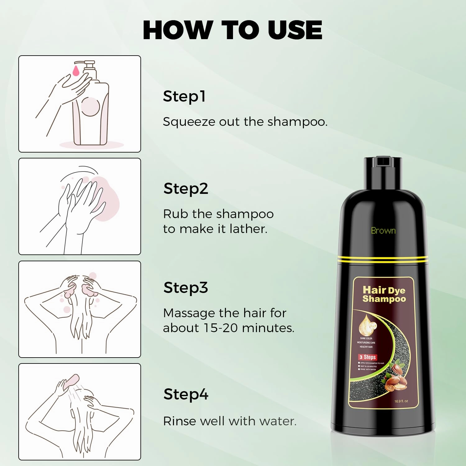 Brown Hair Dye Shampoo 3 in 1，Argan Natural Herbal Hair Color Shampoo Covers Gray Hair for Women and Men (16.9 fl.oz Brown)