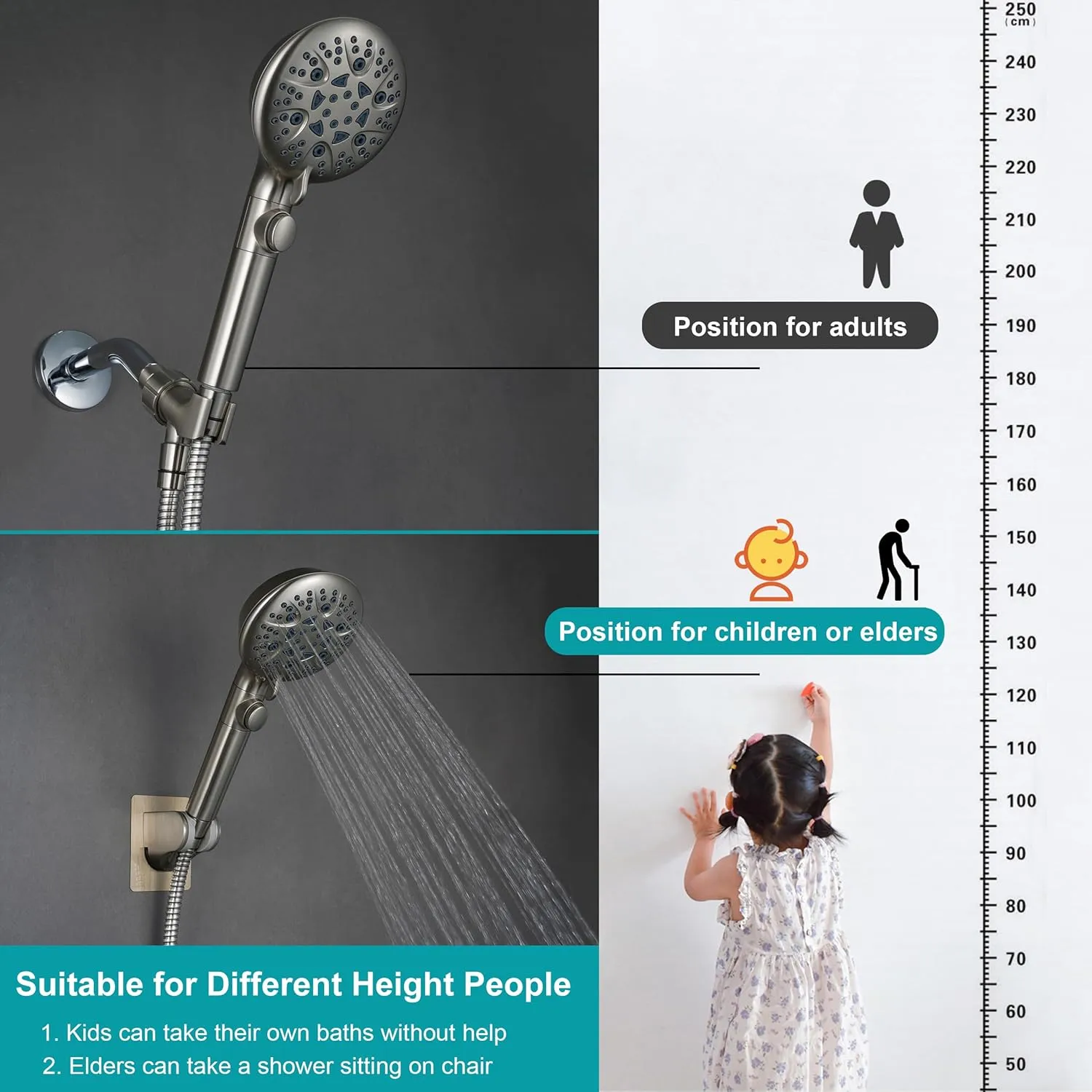 Brushed Nickel Shower Heads Handheld with On Off Switch,8-Mode High Pressure Shower Wand with 79In Stainless Steel Hose&Bracket PLUS Low-Reach Adhesive Wall Mount Holder for Kids&Elderly
