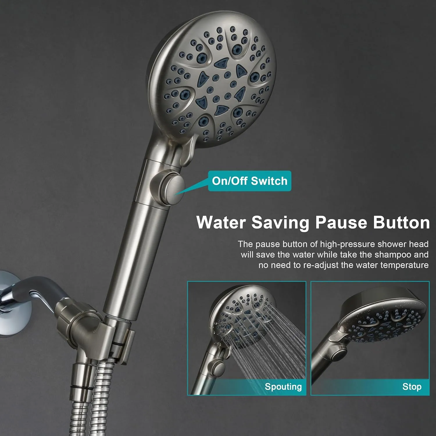 Brushed Nickel Shower Heads Handheld with On Off Switch,8-Mode High Pressure Shower Wand with 79In Stainless Steel Hose&Bracket PLUS Low-Reach Adhesive Wall Mount Holder for Kids&Elderly