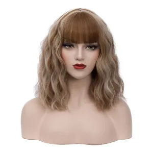 BUFASHION 14" Women Short Wavy Curly Wig Blonde Brown Bob Wig Cosplay Halloween Synthetic Wigs With Neat Bang Wig With Free Wig Cap (Blonde Brown 1)