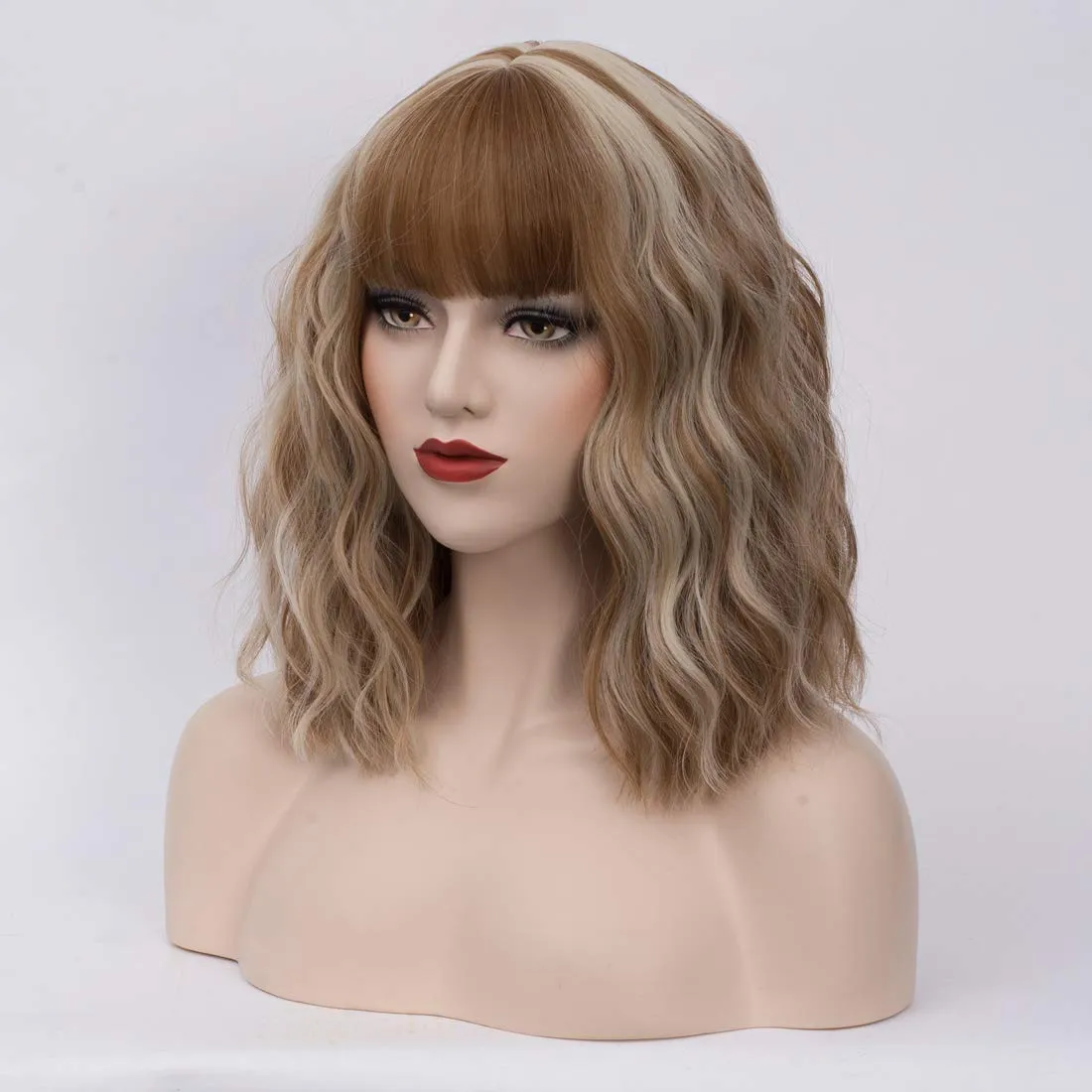 BUFASHION 14" Women Short Wavy Curly Wig Blonde Brown Bob Wig Cosplay Halloween Synthetic Wigs With Neat Bang Wig With Free Wig Cap (Blonde Brown 1)