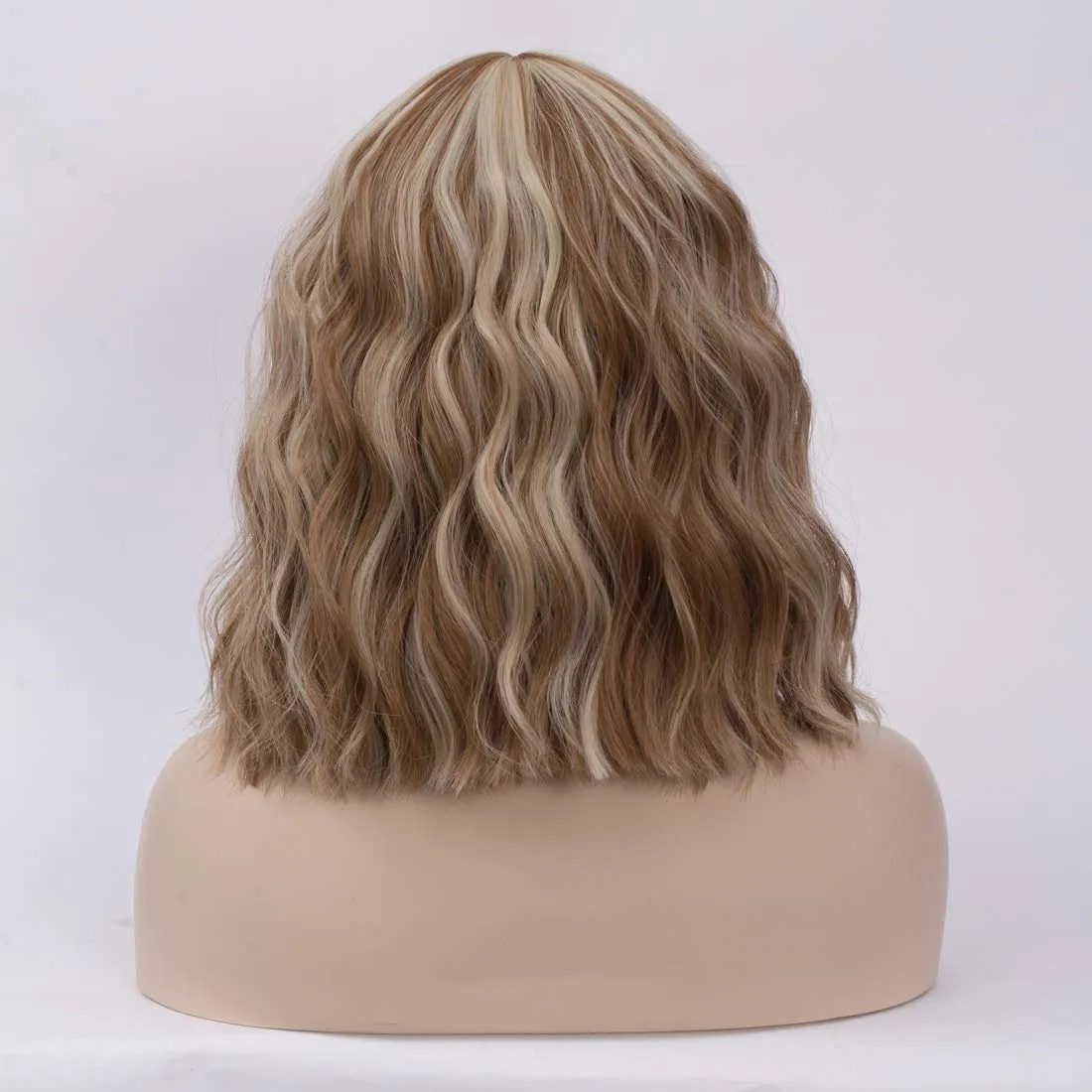 BUFASHION 14" Women Short Wavy Curly Wig Blonde Brown Bob Wig Cosplay Halloween Synthetic Wigs With Neat Bang Wig With Free Wig Cap (Blonde Brown 1)