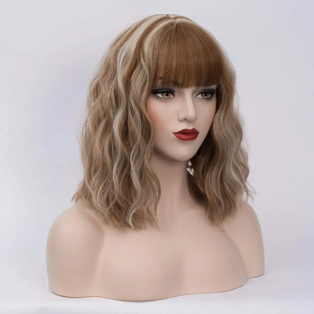 BUFASHION 14" Women Short Wavy Curly Wig Blonde Brown Bob Wig Cosplay Halloween Synthetic Wigs With Neat Bang Wig With Free Wig Cap (Blonde Brown 1)