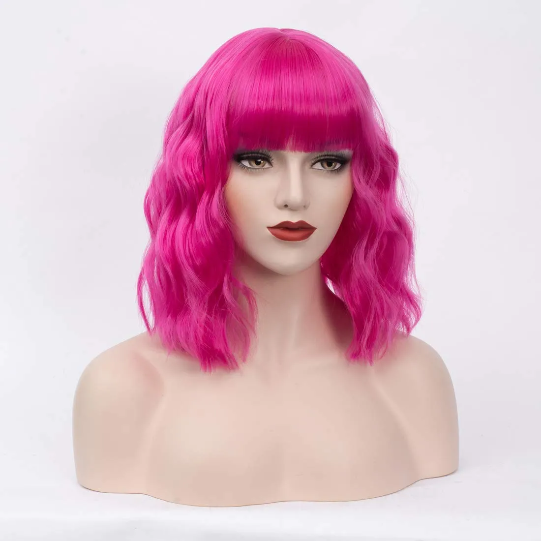 BUFASHION 14" Women Short Wavy Curly Wig Dark Pink Bob Cosplay Halloween Synthetic Wigs With Neat Bang With Free Wig Cap (Dark Pink 1)