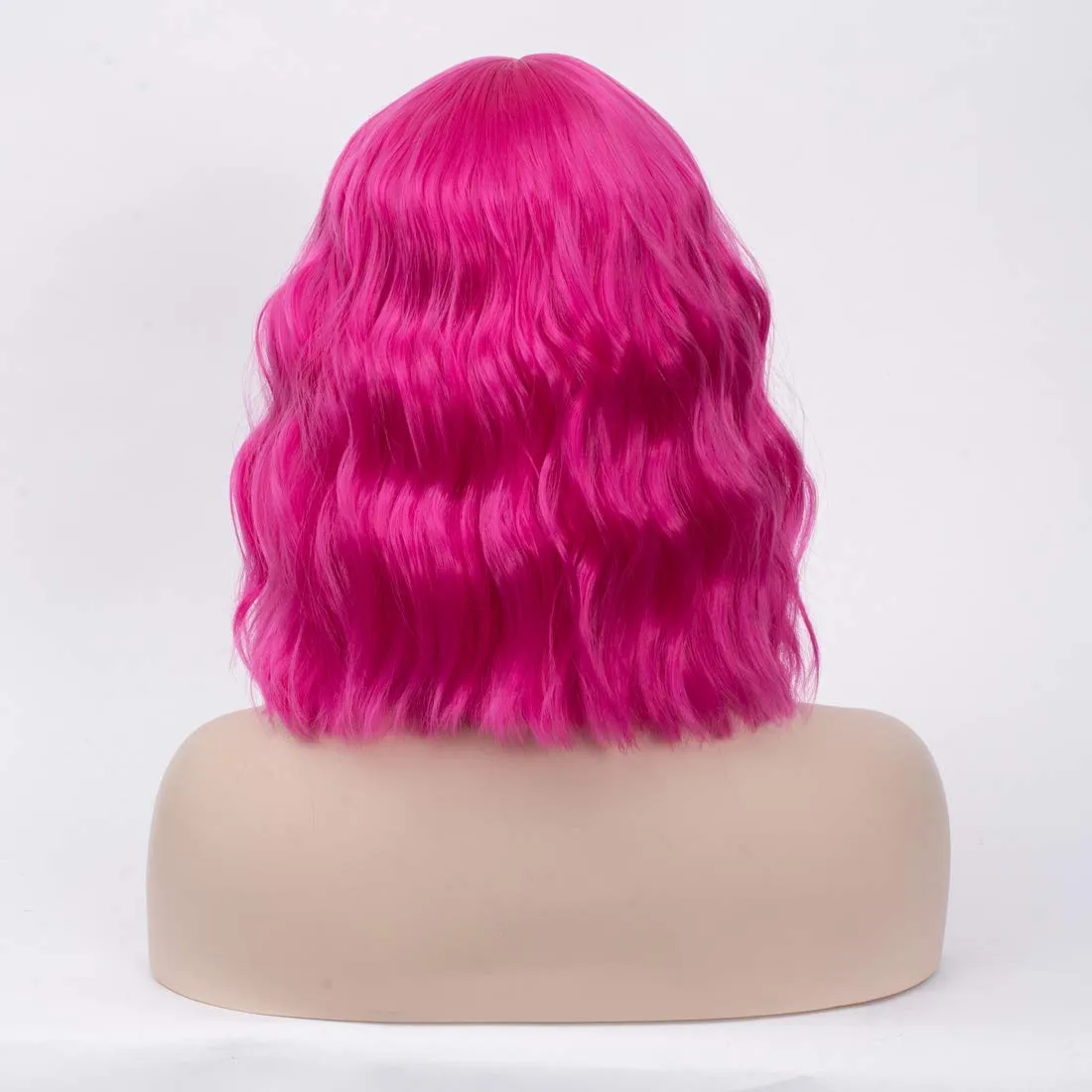 BUFASHION 14" Women Short Wavy Curly Wig Dark Pink Bob Cosplay Halloween Synthetic Wigs With Neat Bang With Free Wig Cap (Dark Pink 1)