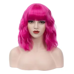 BUFASHION 14" Women Short Wavy Curly Wig Dark Pink Bob Cosplay Halloween Synthetic Wigs With Neat Bang With Free Wig Cap (Dark Pink 1)