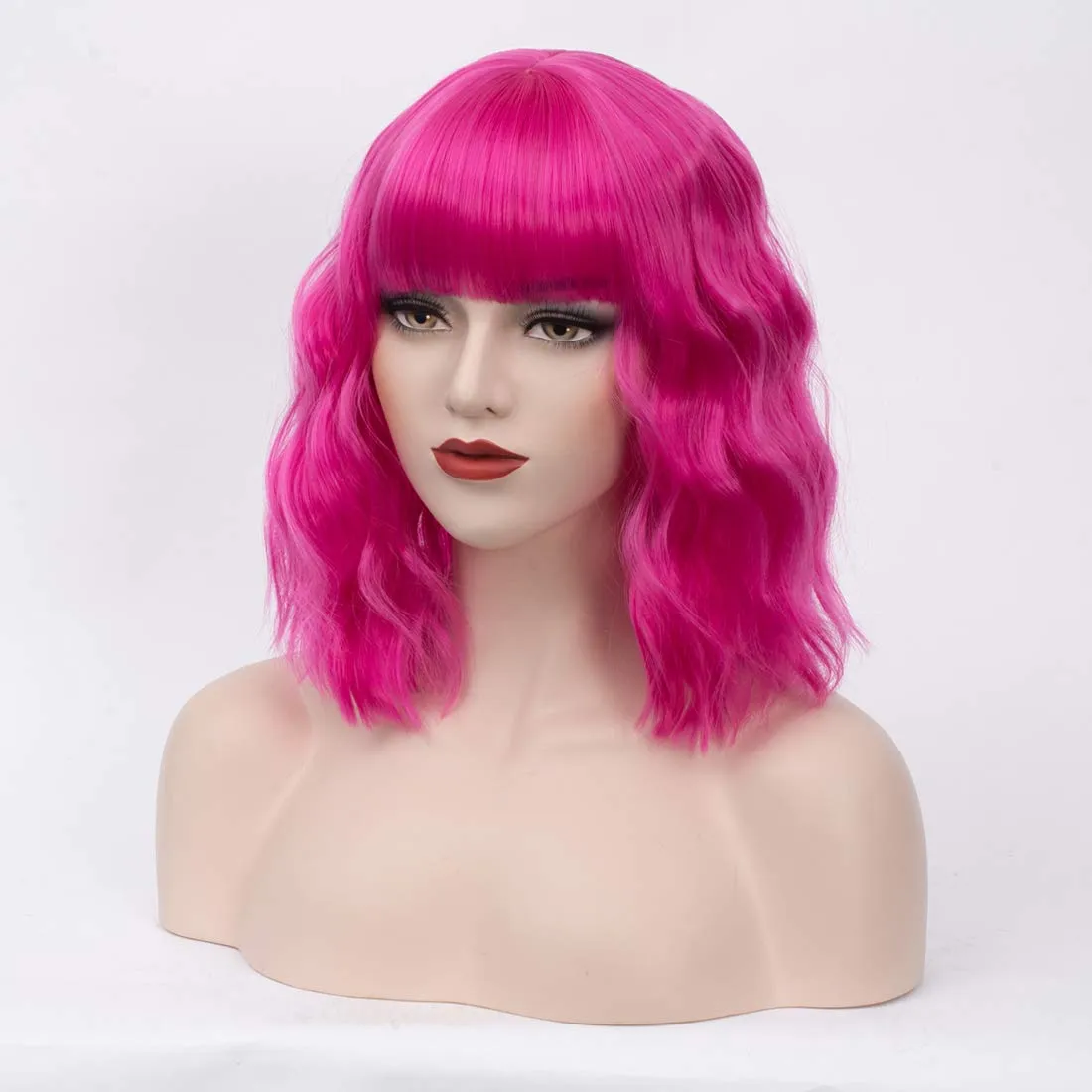 BUFASHION 14" Women Short Wavy Curly Wig Dark Pink Bob Cosplay Halloween Synthetic Wigs With Neat Bang With Free Wig Cap (Dark Pink 1)