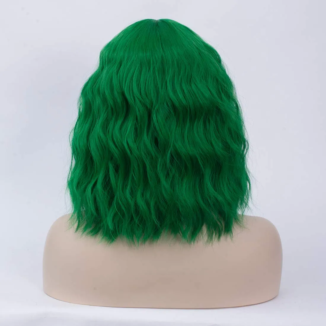 BUFASHION 14" Women Short Wavy Curly Wig Green Bob Wig Cosplay Halloween Synthetic Wigs Wigs With Neat Bang Wig With Free Wig Cap (Green 1)