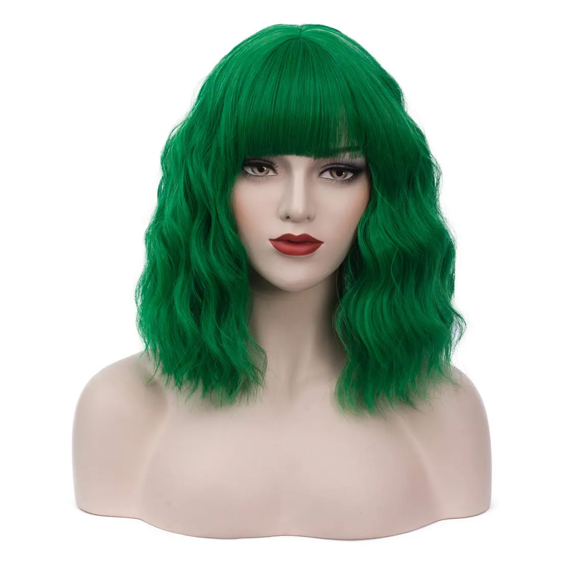 BUFASHION 14" Women Short Wavy Curly Wig Green Bob Wig Cosplay Halloween Synthetic Wigs Wigs With Neat Bang Wig With Free Wig Cap (Green 1)