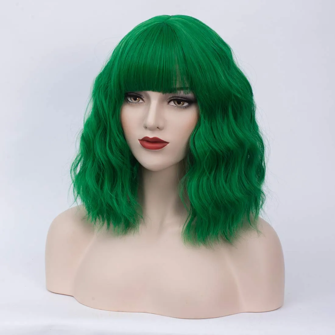 BUFASHION 14" Women Short Wavy Curly Wig Green Bob Wig Cosplay Halloween Synthetic Wigs Wigs With Neat Bang Wig With Free Wig Cap (Green 1)