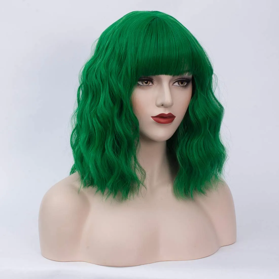 BUFASHION 14" Women Short Wavy Curly Wig Green Bob Wig Cosplay Halloween Synthetic Wigs Wigs With Neat Bang Wig With Free Wig Cap (Green 1)