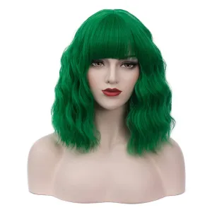 BUFASHION 14" Women Short Wavy Curly Wig Green Bob Wig Cosplay Halloween Synthetic Wigs Wigs With Neat Bang Wig With Free Wig Cap (Green 1)