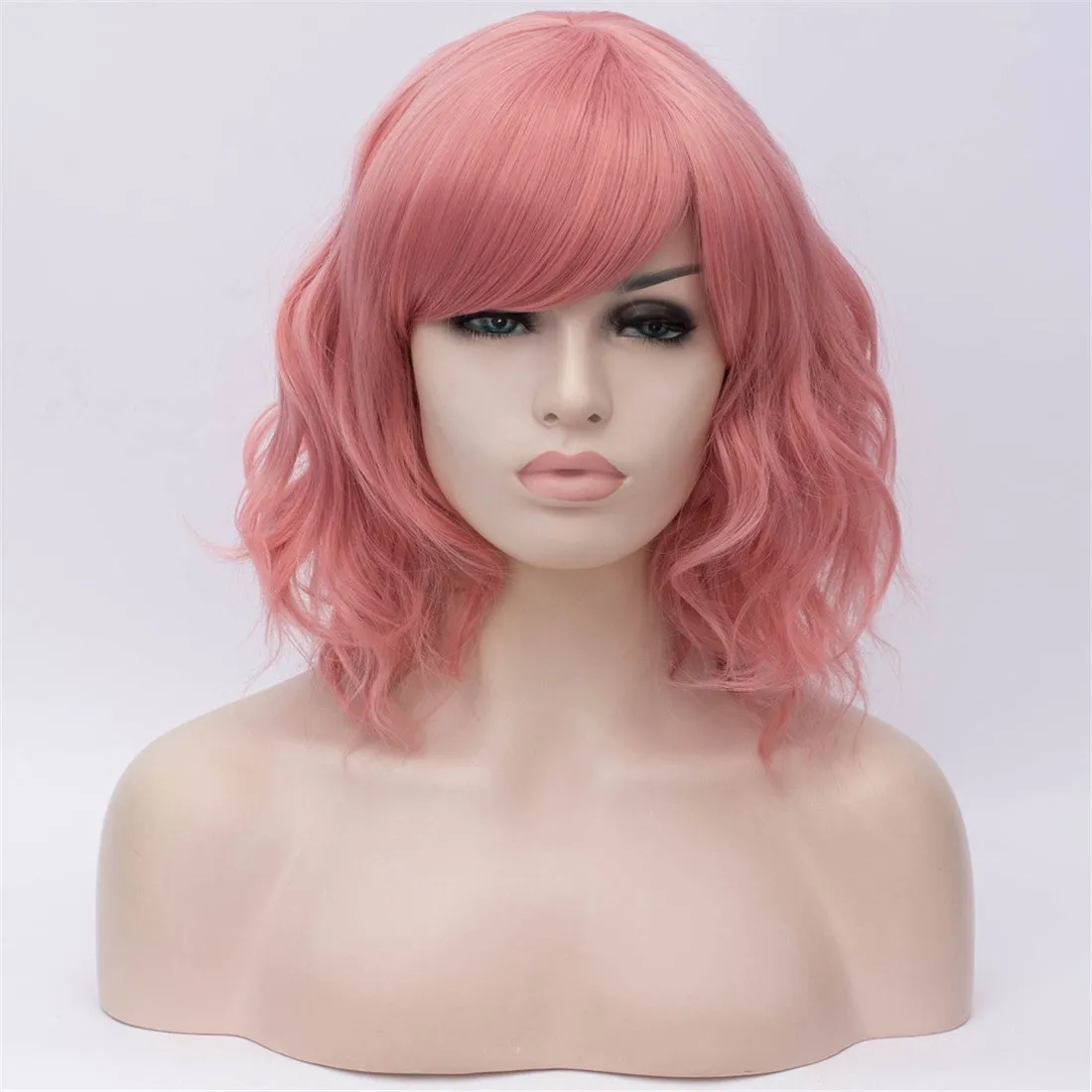 BUFASHION 14" Women Short Wavy Curly Wig Light Pink Bob Wig Cosplay Halloween Synthetic Wigs with Side Bang Wig(Light Pink)