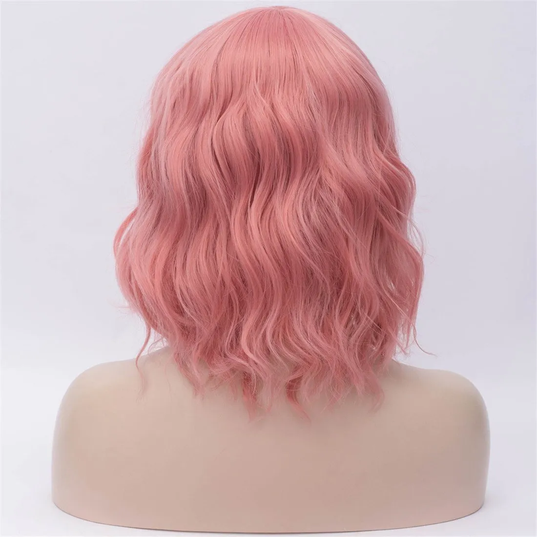 BUFASHION 14" Women Short Wavy Curly Wig Light Pink Bob Wig Cosplay Halloween Synthetic Wigs with Side Bang Wig(Light Pink)