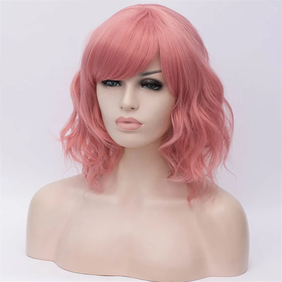 BUFASHION 14" Women Short Wavy Curly Wig Light Pink Bob Wig Cosplay Halloween Synthetic Wigs with Side Bang Wig(Light Pink)