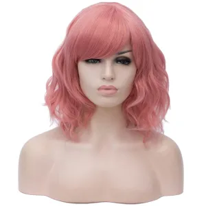 BUFASHION 14" Women Short Wavy Curly Wig Light Pink Bob Wig Cosplay Halloween Synthetic Wigs with Side Bang Wig(Light Pink)