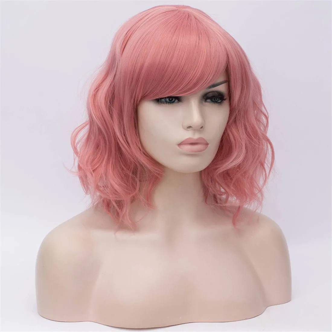 BUFASHION 14" Women Short Wavy Curly Wig Light Pink Bob Wig Cosplay Halloween Synthetic Wigs with Side Bang Wig(Light Pink)