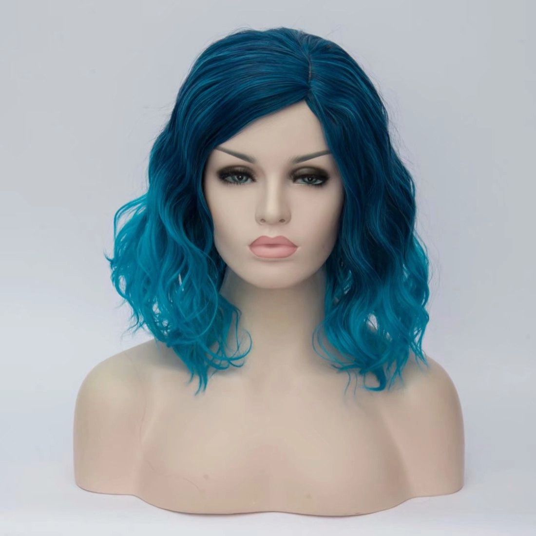 BUFASHION 14" Women Short Ombre Blue Kinky Straight Cosplay Synthetic Wigs With Air Bangs 46 Colors Available (Ombre Blue)