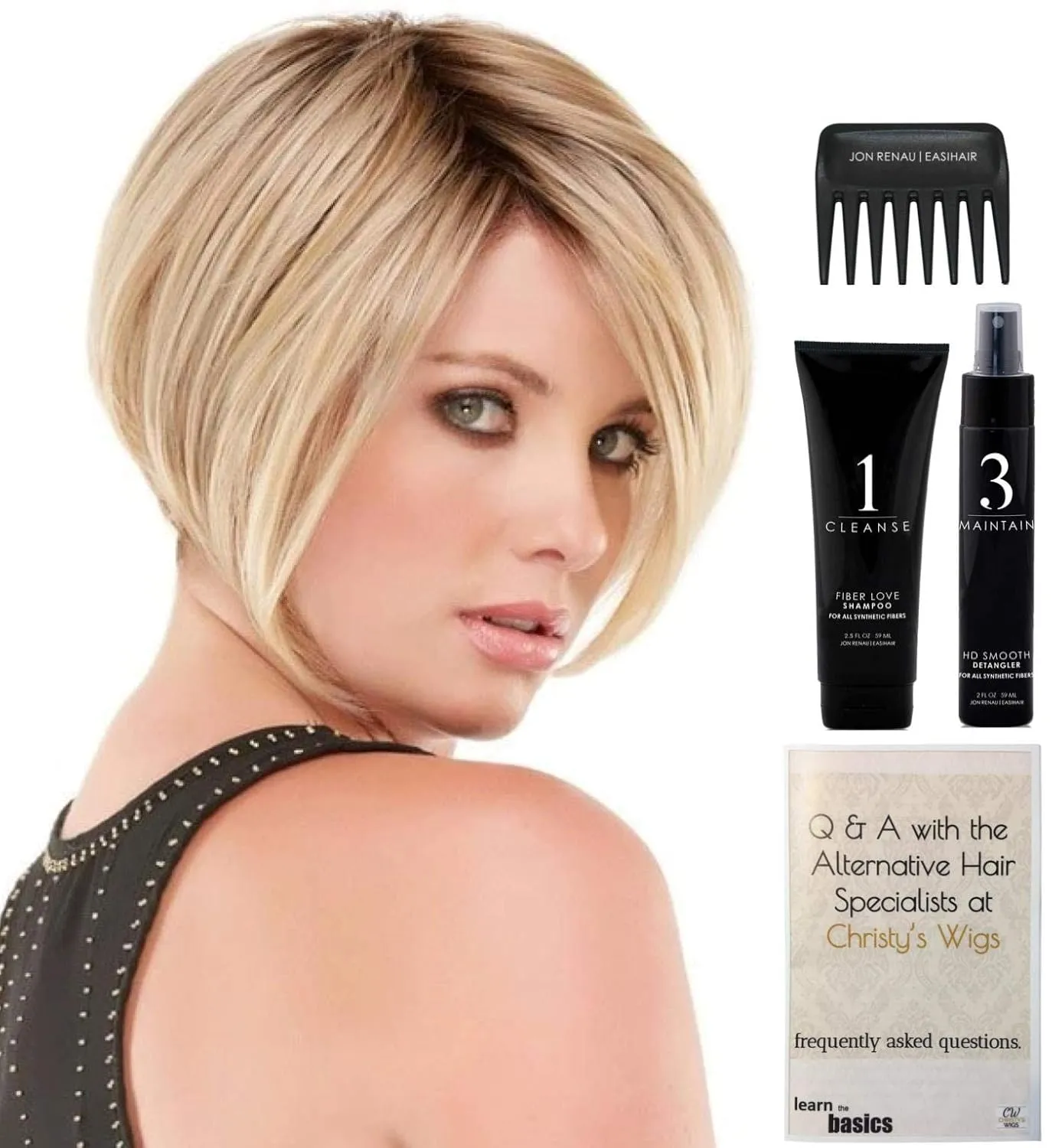 BUNDLE - 5 Items: Ignite AVERAGE SIZE Heat Friendly Synthetic Wig by Jon Renau, Christy's Wigs Q & A Booklet, HD Smooth Detangler, Synthetic Shampoo & Wide Tooth Comb - Color: 6/33