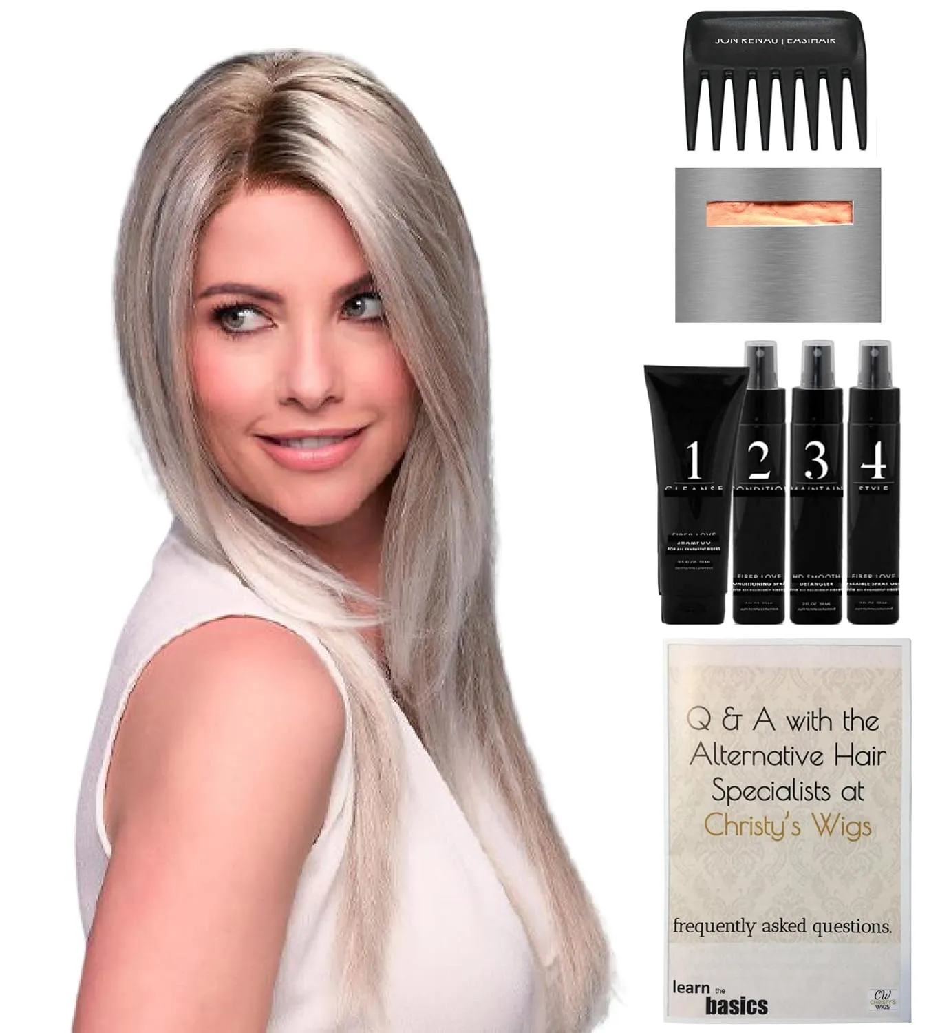 Bundle - 8 Items: Zara Lite by Jon Renau, Christy's Wigs Q & A Booklet, 2oz Travel Size Wig Shampoo, Conditioning Spray, Flexible Spray, HD Smooth, Wide Tooth Comb & Wig Cap - Color: 1