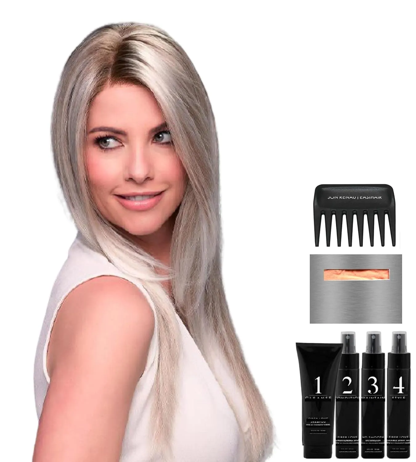 Bundle - 8 Items: Zara Lite by Jon Renau, Christy's Wigs Q & A Booklet, 2oz Travel Size Wig Shampoo, Conditioning Spray, Flexible Spray, HD Smooth, Wide Tooth Comb & Wig Cap - Color: 1