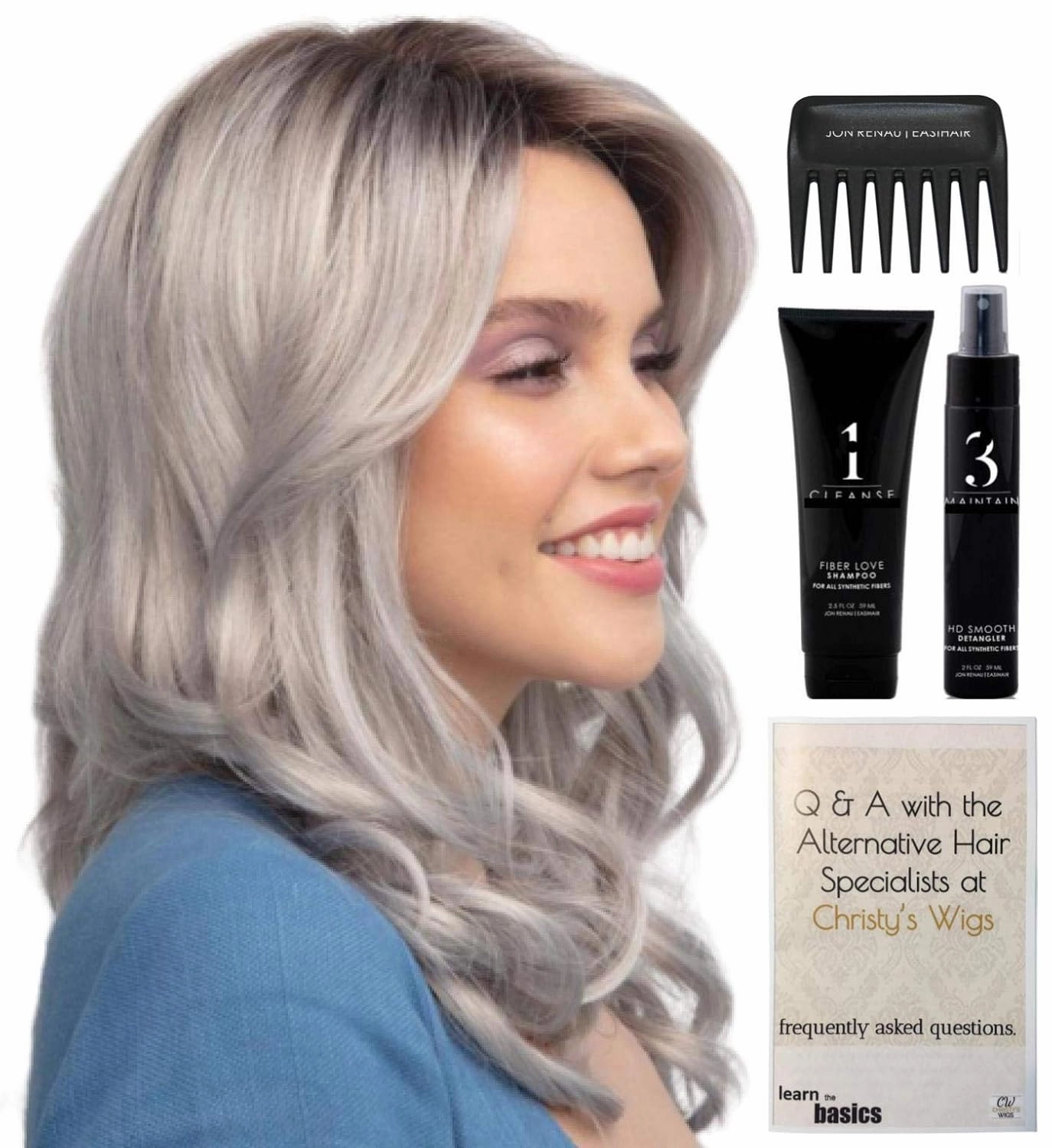 Bundle - 5 items: Ensley Wig by Rene Paris, Christy's Wigs Q & A Booklet, 2oz Travel Size Wig Shampoo, HD Smooth and Wide Tooth Comb - Color: Brown Sugar