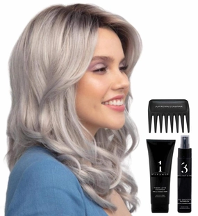 Bundle - 5 items: Ensley Wig by Rene Paris, Christy's Wigs Q & A Booklet, 2oz Travel Size Wig Shampoo, HD Smooth and Wide Tooth Comb - Color: Brown Sugar