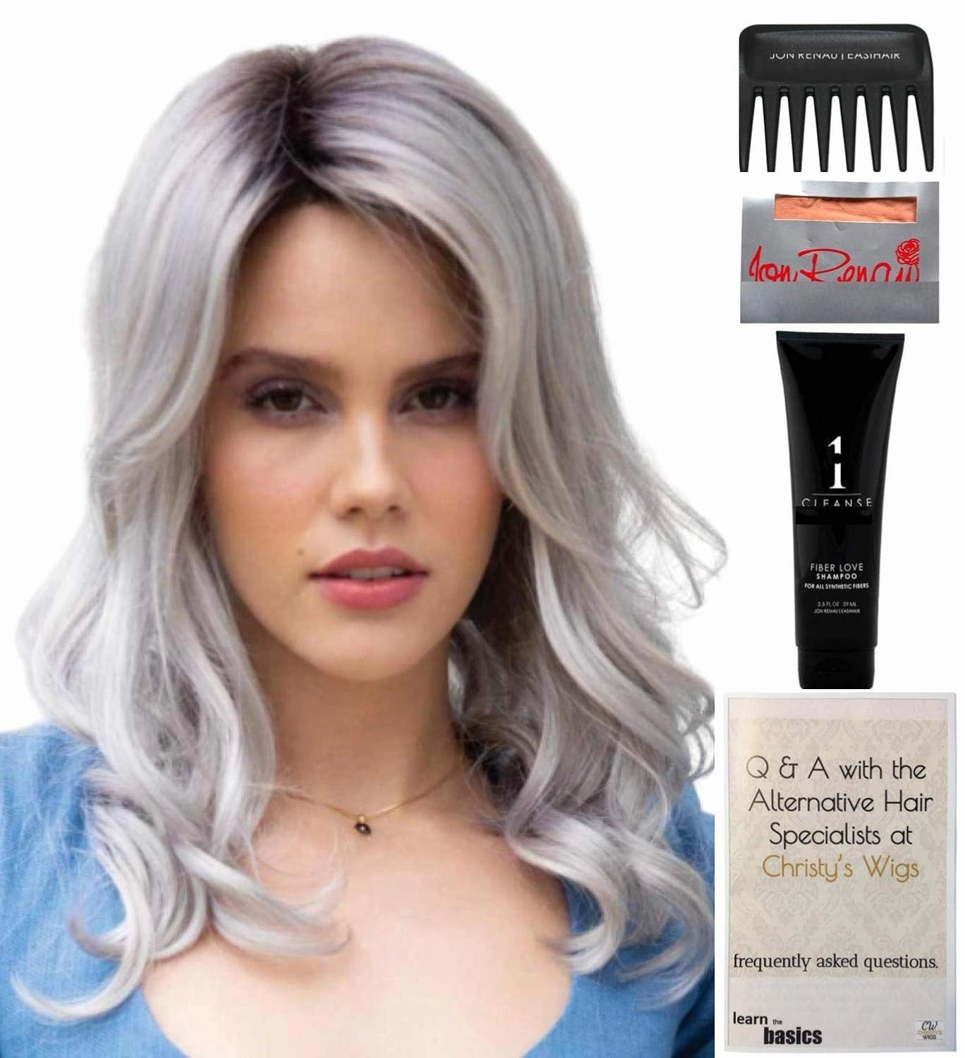 Bundle - 5 items: Ensley Wig by Rene Paris, Christy's Wigs Q & A Booklet, 2oz Travel Size Wig Shampoo, Wig Cap & Wide Tooth Comb - Color: Moonstone