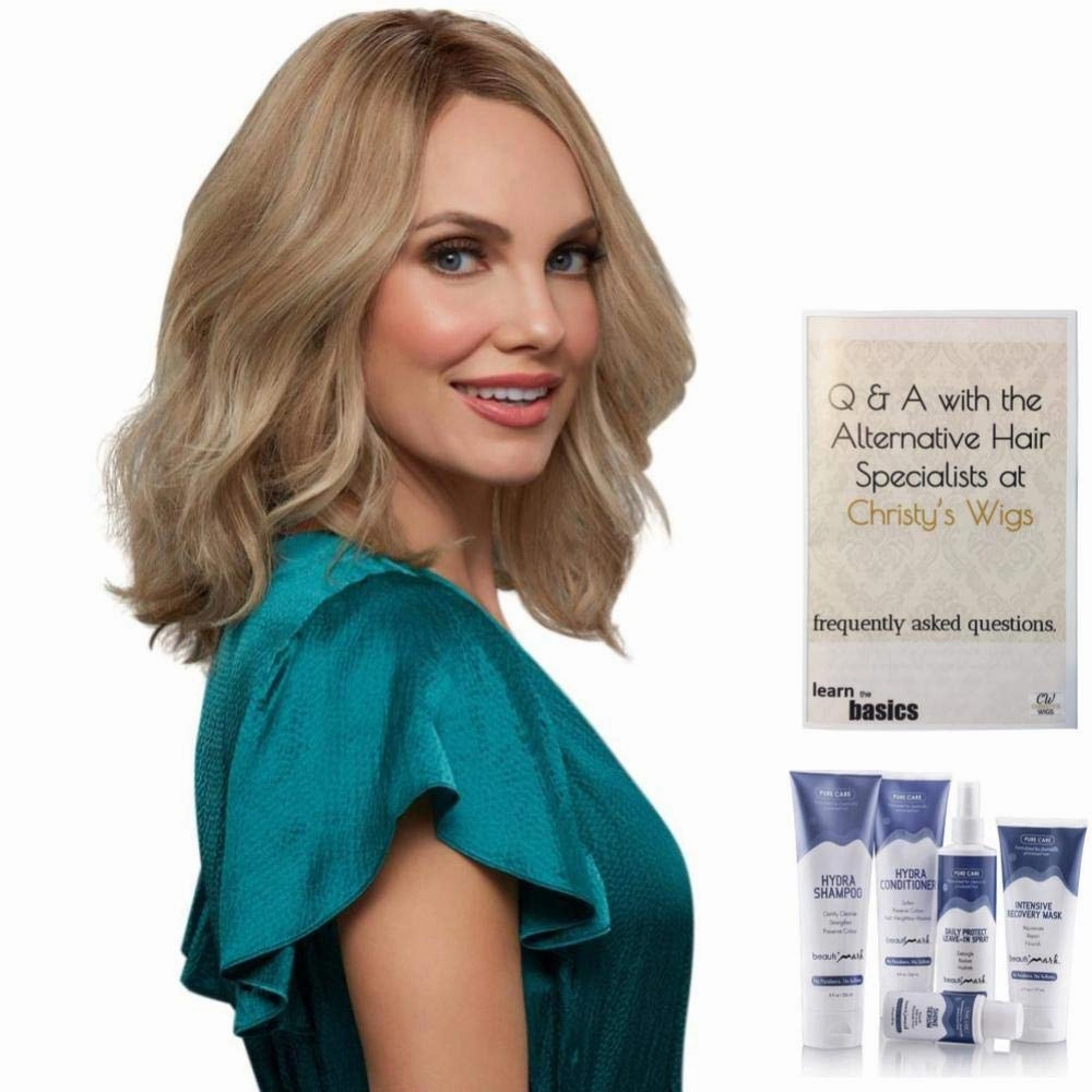 Bundle - 7 Items: Carrie Exclusive Remy Human Hair by Jon Renau, Christy's Wigs Q & A Booklet, BeautiMark Hydra Shampoo Conditioner Mask Protect Leave-In Spray Shine Serum - Color: 12FS12