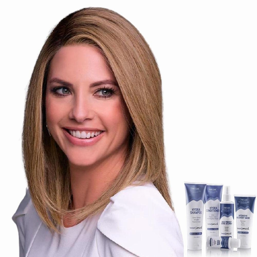 Bundle - 7 Items: Carrie Lite Exclusive Human Hair by Jon Renau, Christy's Wigs Q & A Booklet, BeautiMark Hydra Shampoo Conditioner Mask Protect Leave-In Spray Shine Serum - Color: 613/102S8