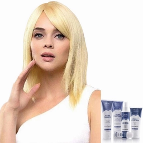 Bundle - 7 Items: Diamond Topper Remy Human Hair Hairpiece by Amore, Christy's Wigs Q & A Booklet, BeautiMark Hydra Shampoo Conditioner Mask Protect Leave-In Spray Shine Serum - Color: Dark Chocolate