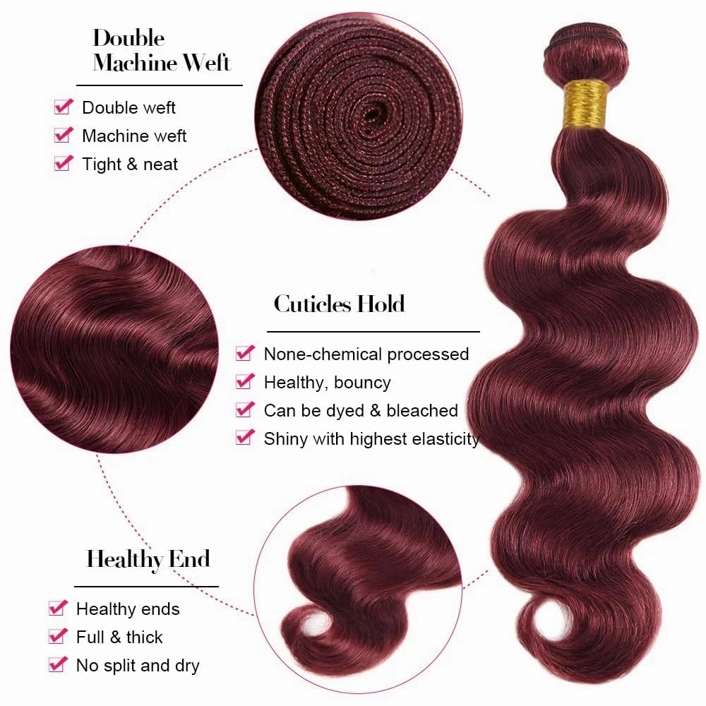 Burgundy 99J Human Hair Bundles 08 10 12 Inch Body Wave Bundles Human Hair 12A Unprocessed Virgin Raw Quick Weave Hair for Black Women Burgundy 99J Color