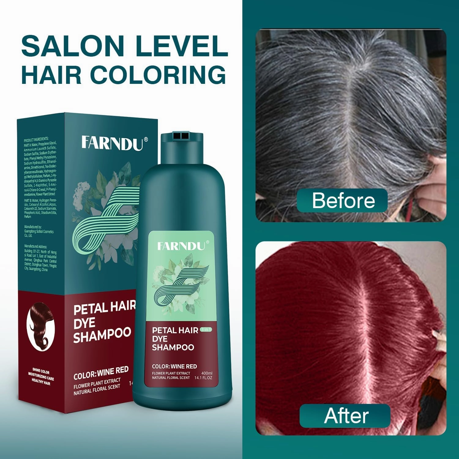 Burgundy Hair Dye Shampoo for Women Men Gray Hair Coverage in 15 Minutes, Natural Hair Color Shampoo