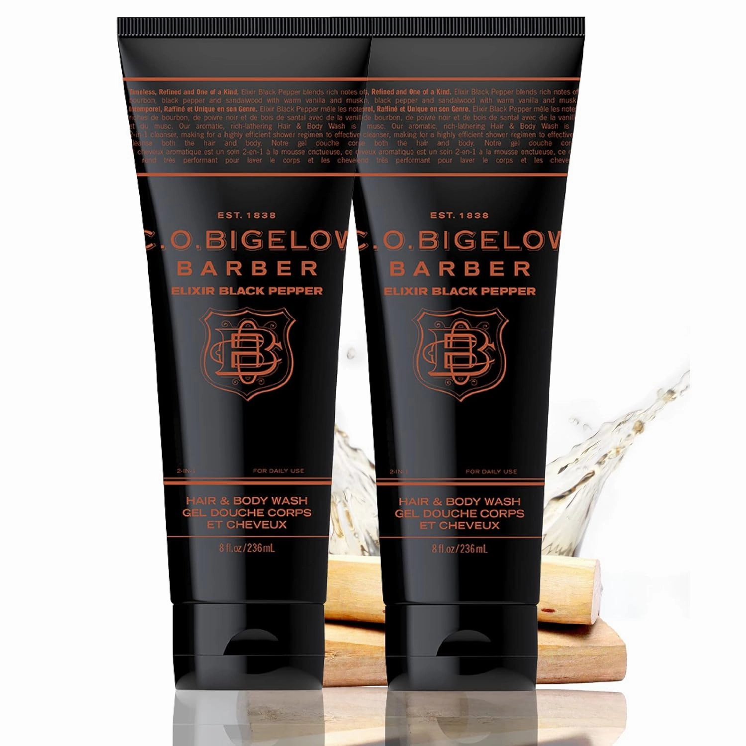 C.O. Bigelow Hair and Body Wash for Men, Elixir Black Pepper, No. 1609, 8 fl oz, Mens Body Wash & Shampoo, Bourbon & Sandalwood Moisturizing Mens Shampoo & Body Cleanser, Pack of 2