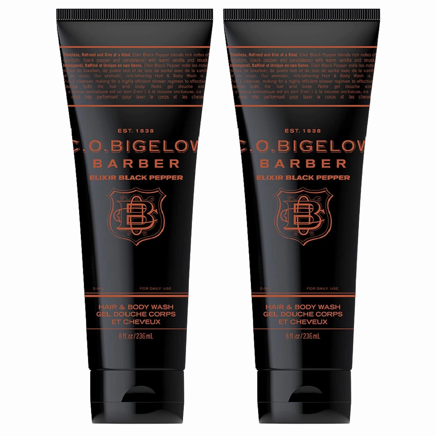 C.O. Bigelow Hair and Body Wash for Men, Elixir Black Pepper, No. 1609, 8 fl oz, Mens Body Wash & Shampoo, Bourbon & Sandalwood Moisturizing Mens Shampoo & Body Cleanser, Pack of 2