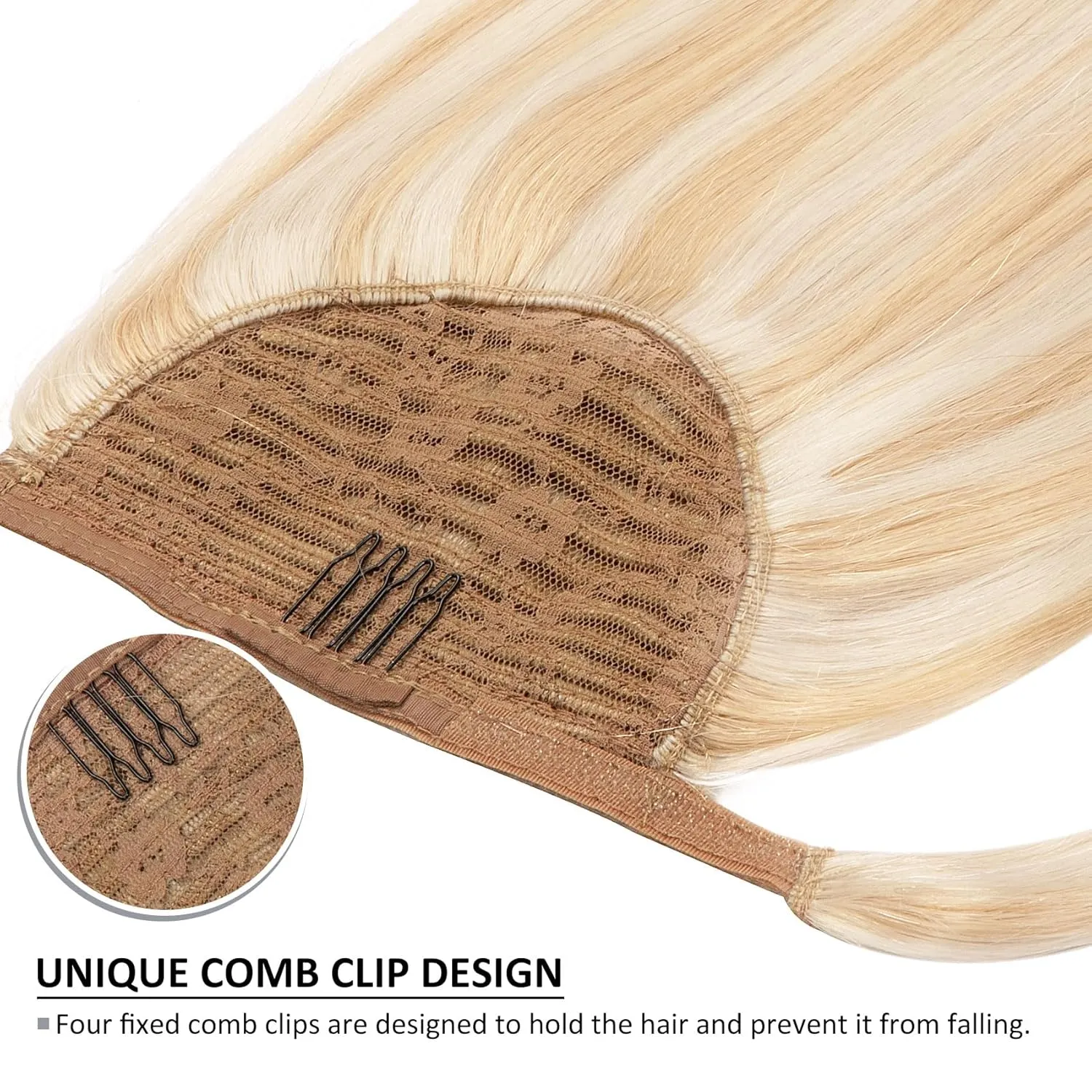 Caliee 16Inch Ponytail Hair Extension for Women 100% Remy Human Hair Silky Straight Long Ponytail Extension Highlight P12/60A Golden Brown with Platinum Blonde Clip in Pony Tail Hairpieces 80G
